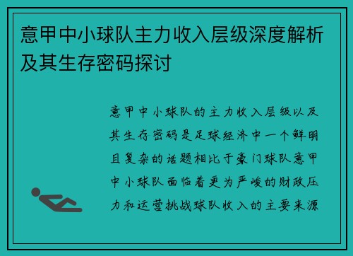 意甲中小球队主力收入层级深度解析及其生存密码探讨