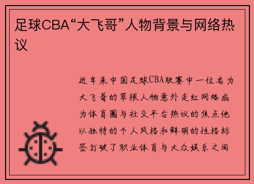 足球CBA“大飞哥”人物背景与网络热议